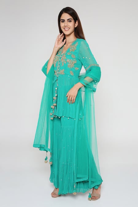 Bha Sha Green Georgette, Net, Linen Beads V-neck Ina Embroidered Tunic Sharara Set Online at Aza Fashions Bha Sha_Green Georgette, Net, Linen Beads V-neck Ina Embroidered Tunic Sharara Set _Online_at_Aza_Fashions