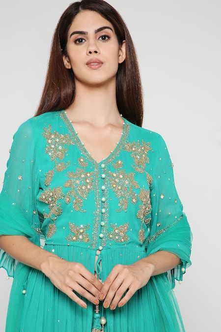 Shop Bha Sha Green Georgette, Net, Linen Beads V-neck Ina Embroidered Tunic Sharara Set Online at Aza Fashions Shop_Bha Sha_Green Georgette, Net, Linen Beads V-neck Ina Embroidered Tunic Sharara Set _Online_at_Aza_Fashions