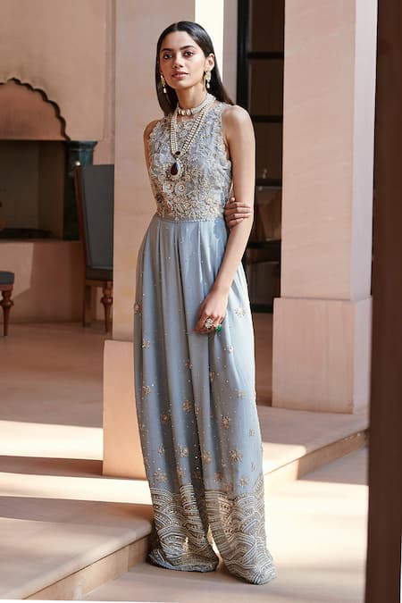 Sahil Kochhar Blue Crepe, Organza Round Inayat Jumpsuit 
