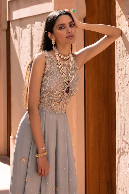 Shop Sahil Kochhar Blue Crepe, Organza Round Inayat Jumpsuit at Aza Fashions Shop_Sahil Kochhar_Blue Crepe, Organza Round Inayat Jumpsuit _at_Aza_Fashions