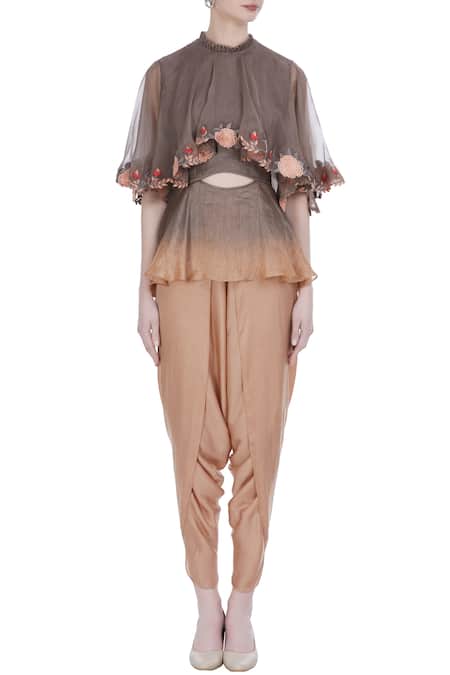 Shop_Incheetape_Brown Organza Embroidered Thread And Applique Work Peplum Top With Dhoti Pants _Online_at_Aza_Fashions