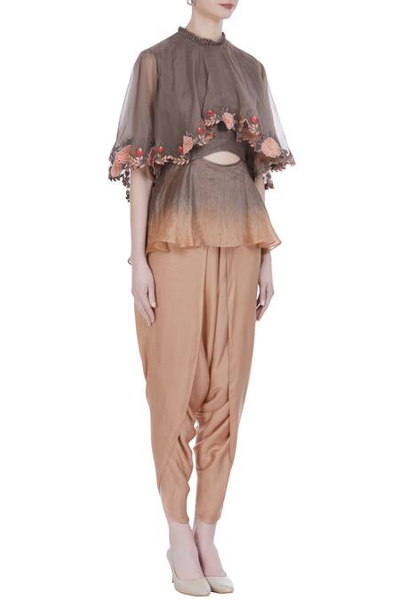 Incheetape_Brown Organza Embroidered Thread And Applique Work Peplum Top With Dhoti Pants _Online_at_Aza_Fashions