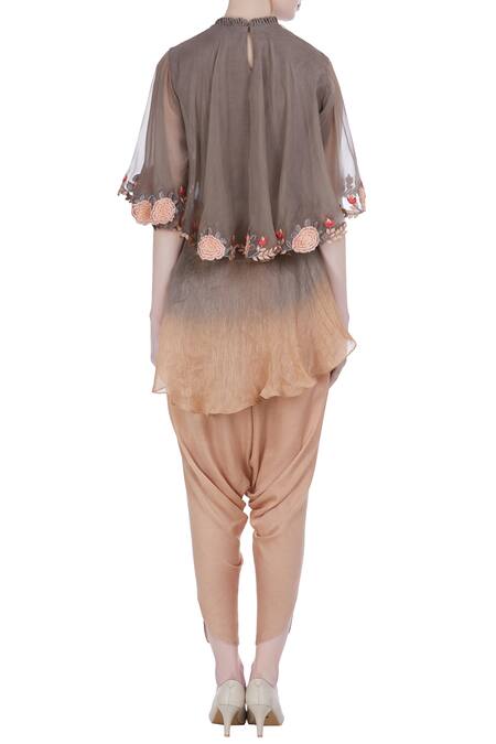 Buy Brown Organza Embroidered Thread And Peplum Top With Dhoti