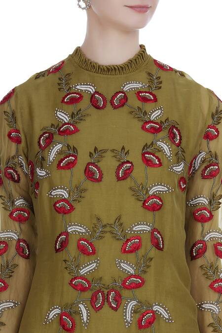 Incheetape_Green Organza Embroidered Thread And Sequin Work High Kurta With Palazzo Pants _at_Aza_Fashions