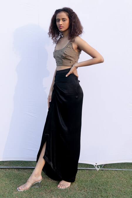 Shop Kavya Singh Kundu Beige Cotton, Silk, Satin Sequins Scoop Neck Foxy Crop Top With Draped Skirt Online at Aza Fashions Shop_Kavya Singh Kundu_Beige Cotton, Silk, Satin Sequins Scoop Neck Foxy Crop Top With Draped Skirt _Online_at_Aza_Fashions