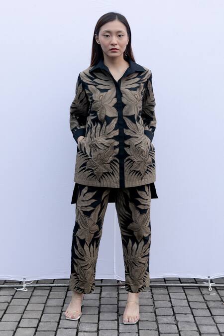 Shop_Kavya Singh Kundu_Beige Cotton Sequins, Cut Work, Applique Shawl Neck Amazonia Shirt With Pant _Online_at_Aza_Fashions