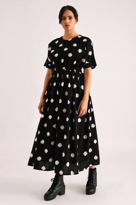 Indigo Dreams Black Cotton Ikat Polka Dot Dress