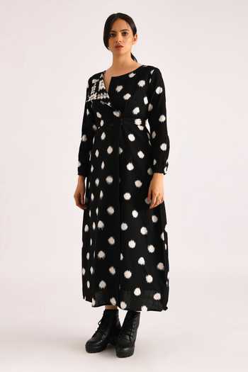 Buy_Indigo Dreams_Black Cotton Ikat Trench Coat Style Dress_Online_at_Aza_Fashions