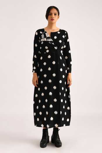 Shop_Indigo Dreams_Black Cotton Ikat Trench Coat Style Dress_Online_at_Aza_Fashions