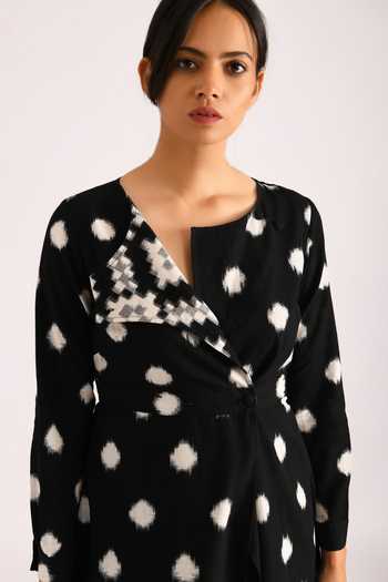 Indigo Dreams_Black Cotton Ikat Trench Coat Style Dress_at_Aza_Fashions