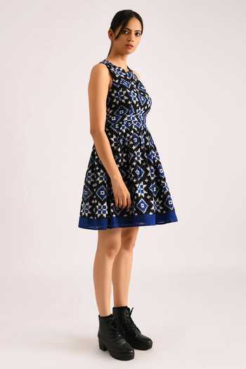 Indigo Dreams_Blue Cotton Telia Rumal Ikat Dress_Online_at_Aza_Fashions