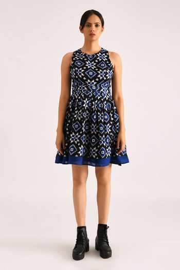 Buy_Indigo Dreams_Blue Cotton Telia Rumal Ikat Dress_Online_at_Aza_Fashions
