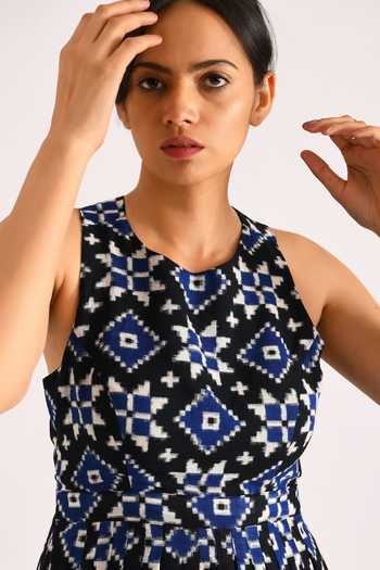 Indigo Dreams_Blue Cotton Telia Rumal Ikat Dress_at_Aza_Fashions