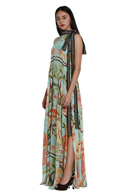 Shop_Limerick By Abirr N' Nanki_Green Crepe Halter Printed Slit Maxi Dress_Online_at_Aza_Fashions