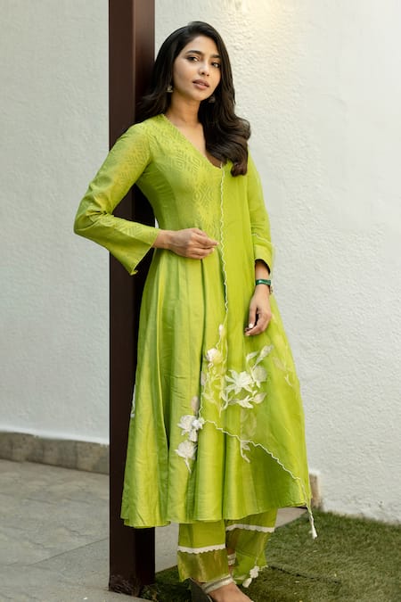 Shop_Devnaagri_Green Chanderi, Silk Organza Pearls, Embroidery Ikat Print Anarkali Palazzo Set _Online_at_Aza_Fashions