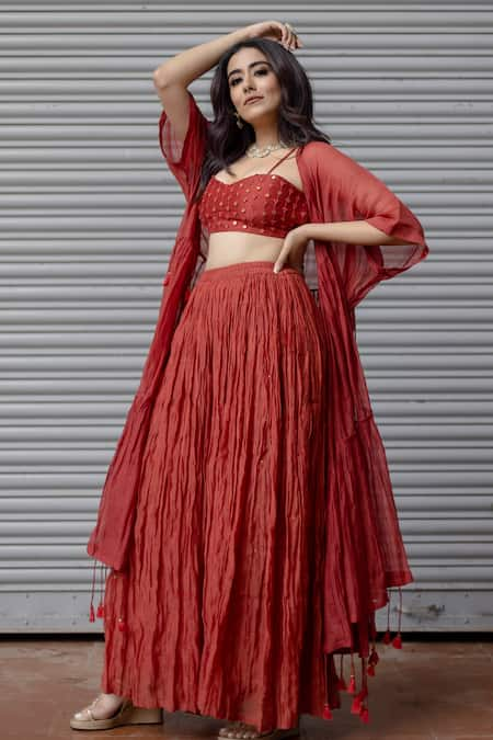 The Right Cut Red Chanderi Silk Embroidery Sequin Top Sweetheart Neck Rosette With Pant Set 