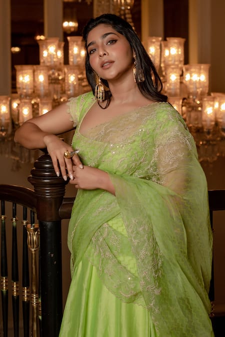 Shop_Devnaagri_Green Chanderi, Raw Silk And Organza Dori, Sequins Hand Block Print Lehenga Set _Online_at_Aza_Fashions