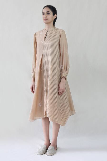 Shop_Integument_Beige Embroidered Chanderi Midi Dress_Online_at_Aza_Fashions