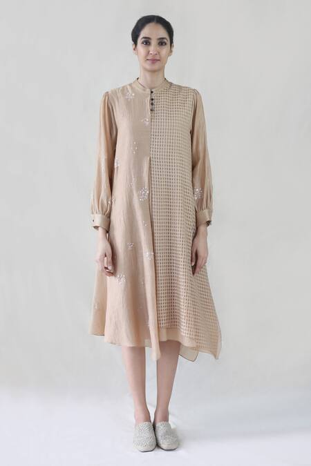 Buy_Integument_Beige Embroidered Chanderi Midi Dress_Online_at_Aza_Fashions
