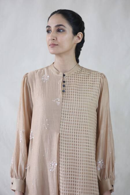 Integument_Beige Embroidered Chanderi Midi Dress_at_Aza_Fashions