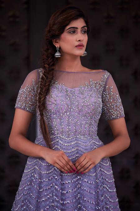 Irrau By Samir Mantri_Grey Silk, Net Embroidered Gown_Online_at_Aza_Fashions