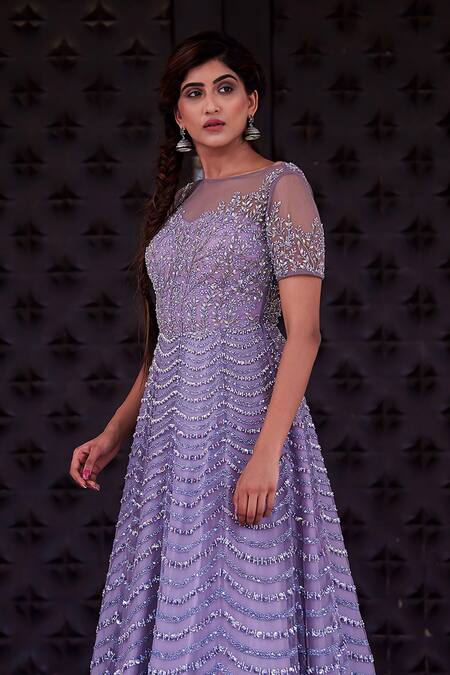 Buy_Irrau By Samir Mantri_Grey Silk, Net Embroidered Gown_Online_at_Aza_Fashions