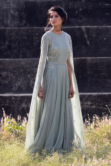 Irrau by Samir Mantri Green Georgette Embroidery Round Gown