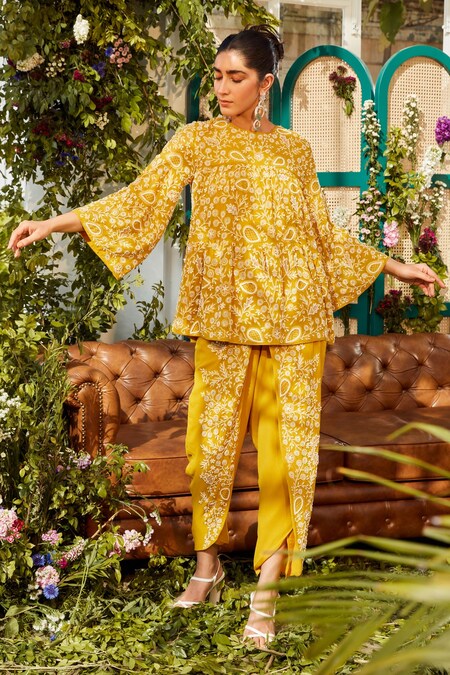 Rococo Yellow Georgette Embroidered Bead Work Ira Tunic And Dhoti Pant Set 