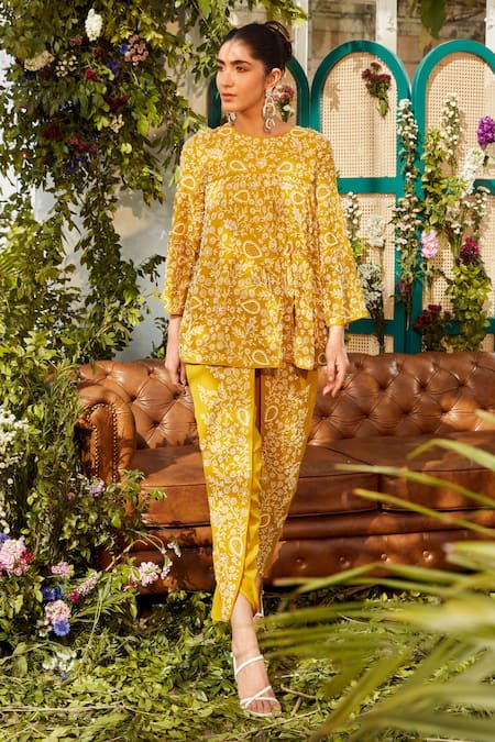 Buy_Rococo_Yellow Georgette Bead Work, Sequins Round Ira Embroidered Tunic And Dhoti Pant Set _Online_at_Aza_Fashions