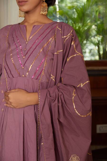 Kefi Collections_Purple Cotton Gota Patti, Embroidery Round Neck Iris Striped Woven Anarkali Set_Online_at_Aza_Fashions