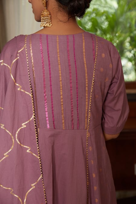 Buy_Kefi Collections_Purple Cotton Gota Patti, Embroidery Round Neck Iris Striped Woven Anarkali Set_Online_at_Aza_Fashions
