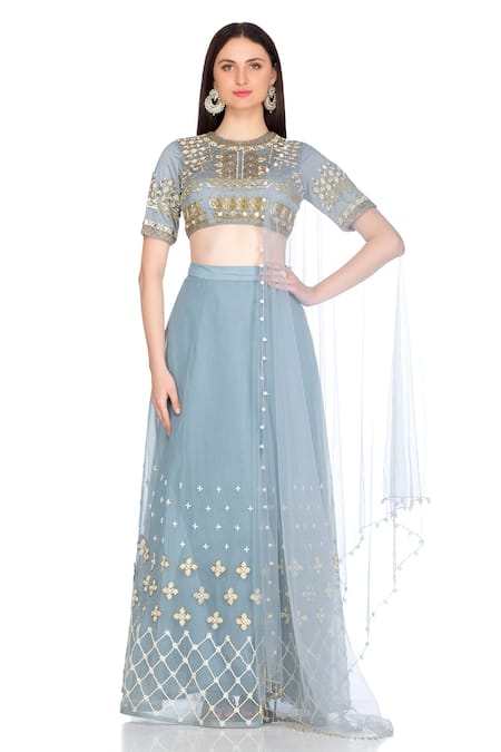 Salt and Spring Blue Net Embroidered Round Lehenga Set  