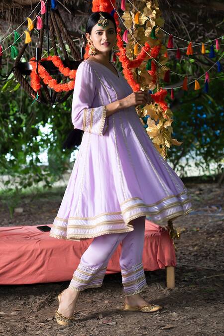 Tanu Malhotra_Purple Kurta Twill Cotton, Pant Modal Gota Embroidered Anarkali And Trouser Set _Online_at_Aza_Fashions