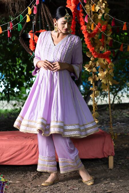 Buy_Tanu Malhotra_Purple Kurta Twill Cotton, Pant Modal Gota Embroidered Anarkali And Trouser Set _Online_at_Aza_Fashions