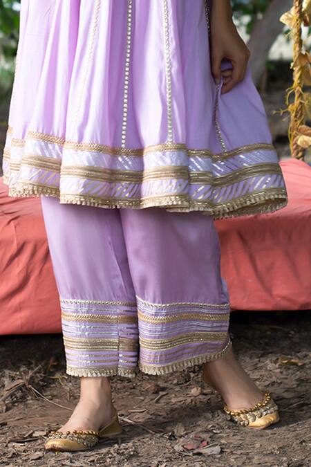Tanu Malhotra_Purple Kurta Twill Cotton, Pant Modal Gota Embroidered Anarkali And Trouser Set _at_Aza_Fashions