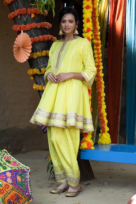 Tanu Malhotra_Green Kurta Mul Silk, Pant Modal Gota Work Embroidered Anarkali And Dhoti Set_Online_at_Aza_Fashions