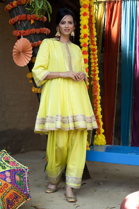 Buy_Tanu Malhotra_Green Kurta Mul Silk, Pant Modal Gota Work Embroidered Anarkali And Dhoti Set_Online_at_Aza_Fashions