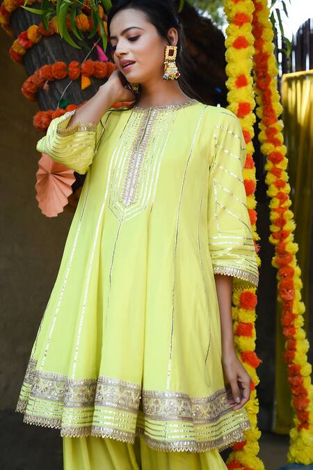 Shop_Tanu Malhotra_Green Kurta Mul Silk, Pant Modal Gota Work Embroidered Anarkali And Dhoti Set_Online_at_Aza_Fashions