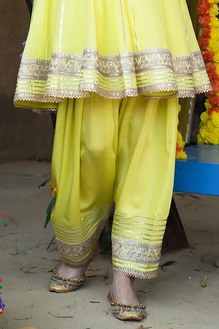 Tanu Malhotra_Green Kurta Mul Silk, Pant Modal Gota Work Embroidered Anarkali And Dhoti Set_at_Aza_Fashions