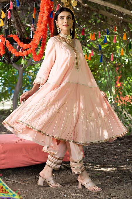 Tanu Malhotra_Peach Kurta Twill Cotton, Pant Modal Gota Embroidered Anarkali And Salwar Set_Online_at_Aza_Fashions