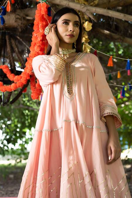 Shop_Tanu Malhotra_Peach Kurta Twill Cotton, Pant Modal Gota Embroidered Anarkali And Salwar Set_Online_at_Aza_Fashions
