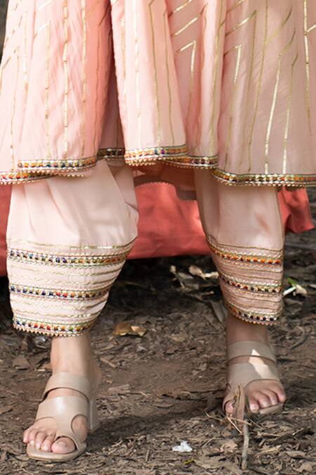 Tanu Malhotra_Peach Kurta Twill Cotton, Pant Modal Gota Embroidered Anarkali And Salwar Set_at_Aza_Fashions
