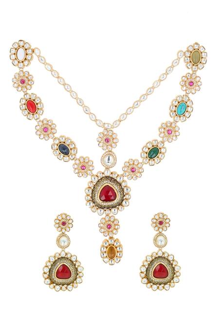 Ishhaara_Multi Color Gem Stones Navratna Layered Necklace Set_Online_at_Aza_Fashions
