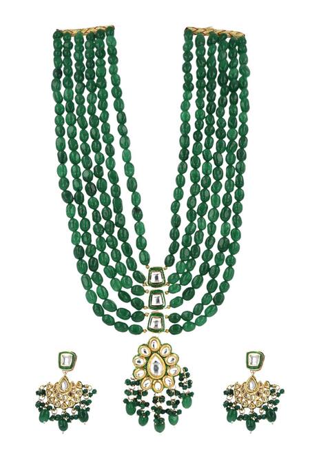 Ishhaara_Green Beads Tiered Necklace Set_Online_at_Aza_Fashions