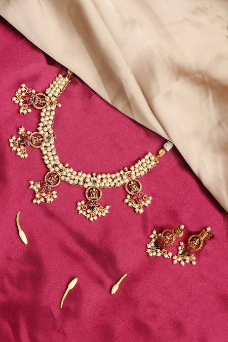 Ishhaara Gold Plated Stones, Beads Temple Jewellery Set Online at Aza Fashions Ishhaara_Gold Plated Stones, Beads Temple Jewellery Set _Online_at_Aza_Fashions