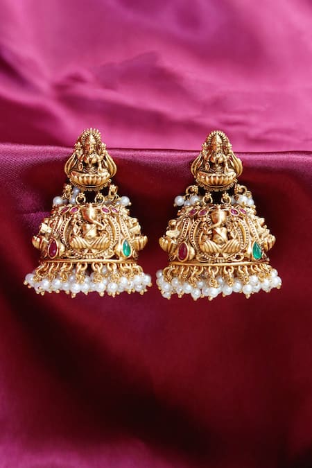 Ishhaara Gold Plated Carved Temple Jhumkas Online at Aza Fashions Ishhaara_Gold Plated Carved Temple Jhumkas _Online_at_Aza_Fashions