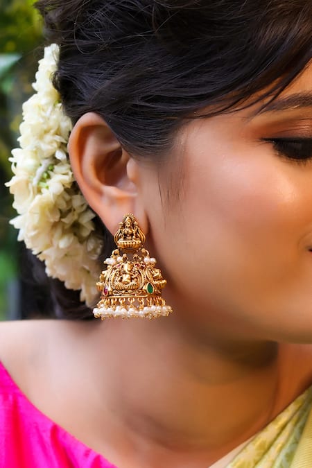 Shop Ishhaara Gold Plated Carved Temple Jhumkas Online at Aza Fashions Shop_Ishhaara_Gold Plated Carved Temple Jhumkas _Online_at_Aza_Fashions