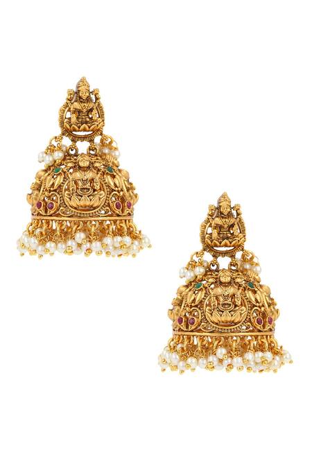 Ishhaara Gold Plated Carved Temple Jhumkas Online at Aza Fashions Ishhaara_Gold Plated Carved Temple Jhumkas _Online_at_Aza_Fashions