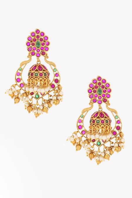 Ishhaara_Gold Plated Stones, Beads Embellished Jhumkas _Online_at_Aza_Fashions