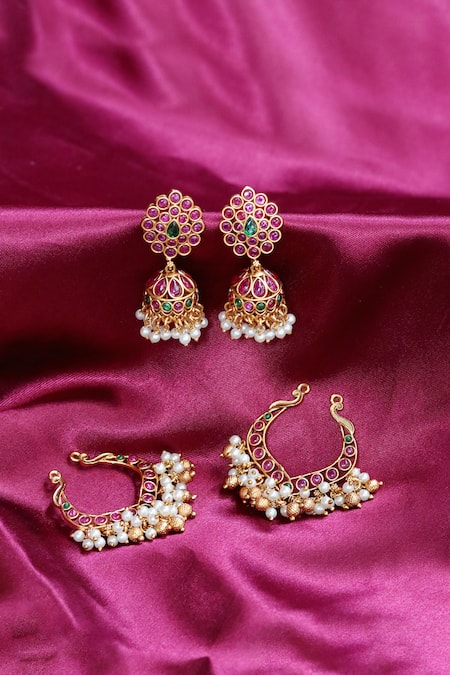 Shop_Ishhaara_Gold Plated Stones, Beads Embellished Jhumkas _Online_at_Aza_Fashions
